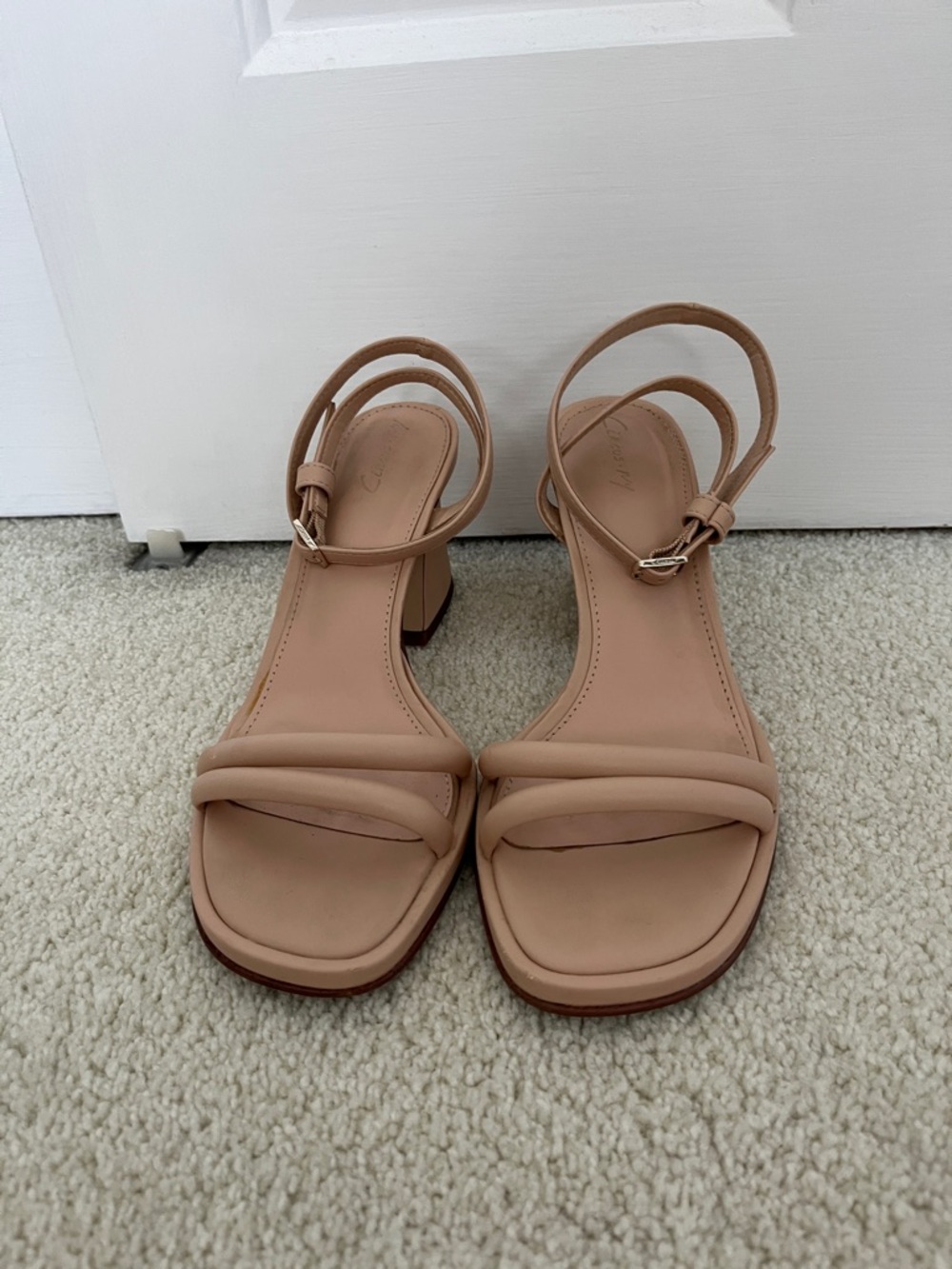 Neutral Strappy Block Heel Sandals — Nude